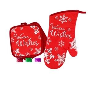 Christmas House Winter Wishes 3-Piece Kitchen Set, 100% Cotton Oven Mitt